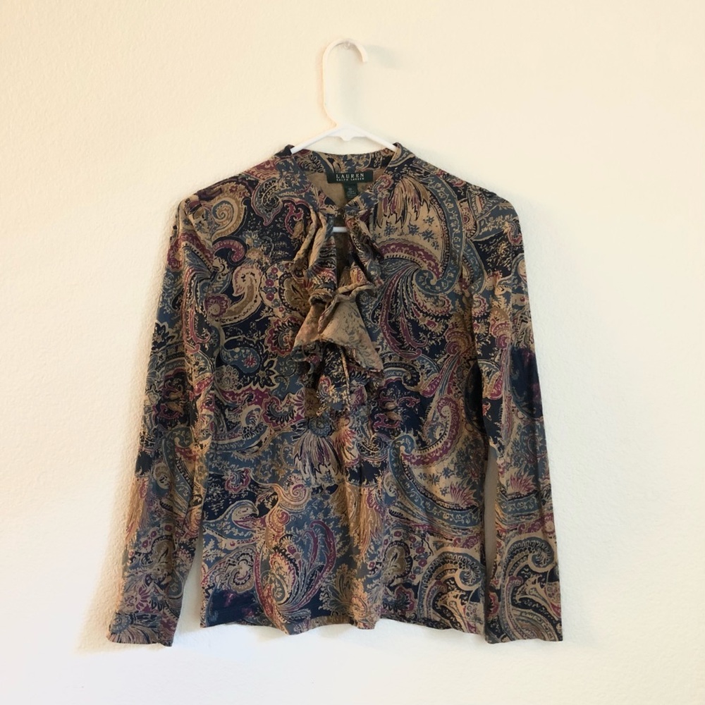Lauren by Ralph Lauren paisley print ruffled neck longsleeves top